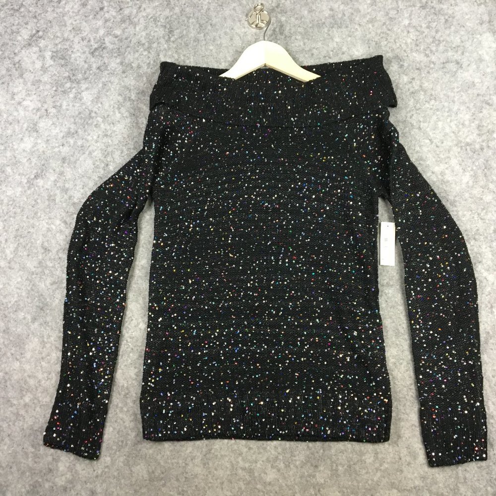 No Boundaries Sweater L 11 13 Juniors Womens Black Sequin Cowl Neck Fleck Casual